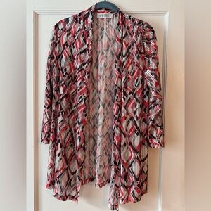 Kasper Sheer Cardigan with Red and Black Geometric Design